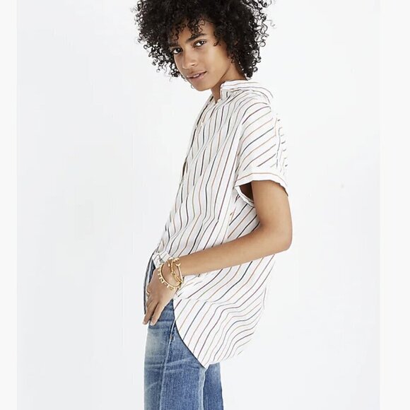 Madewell Central button up white shot sleeve Shirt in Sadie Stripe Small - Picture 1 of 7